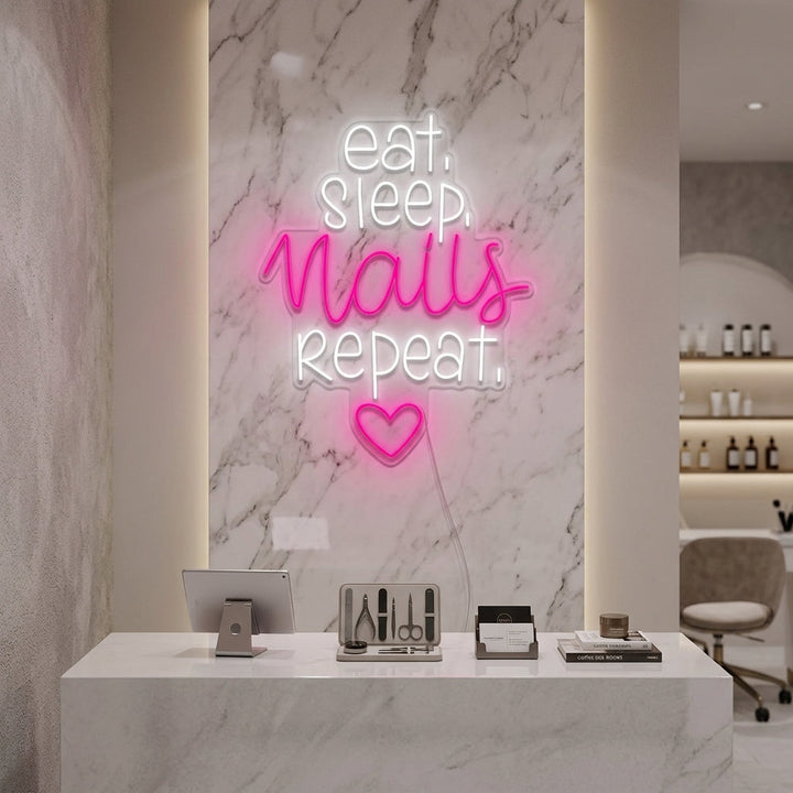 "Nagelstudio Eat Sleep Nails Repeat" Neonskylt