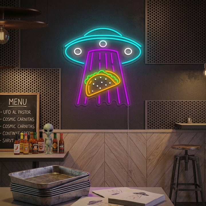 "Ufo kidnappar tacos" Neonskylt