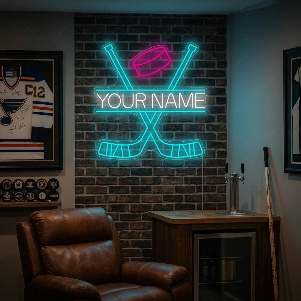"Anpassade korsade hockeyklubbor" Neonskylt