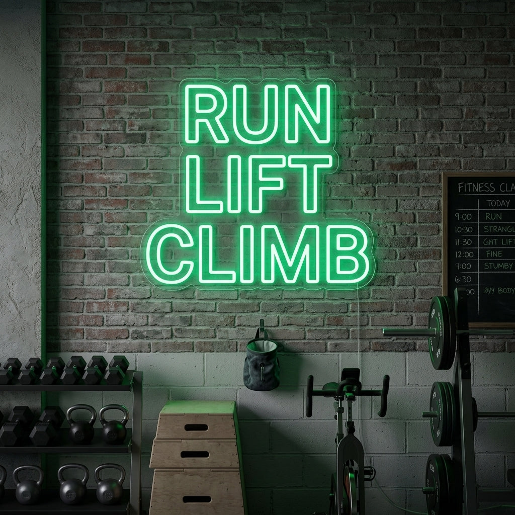 "Run Lift Climb Gym" Neonskylt
