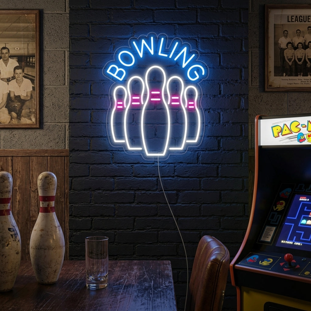 "Bowling, Bowlingflaskpinneflaskor" Neonskylt