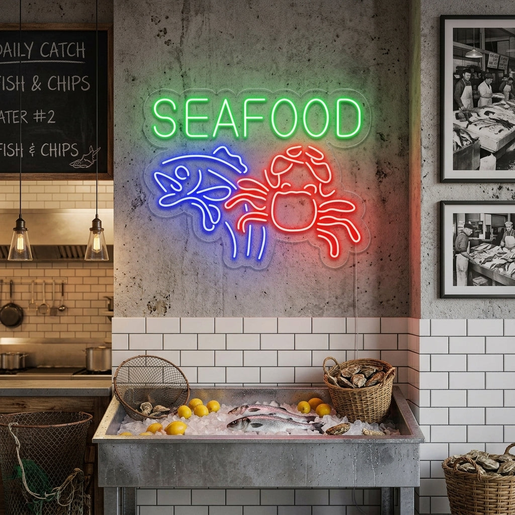 "Seafood, Krabba, Fisk" Neonskylt