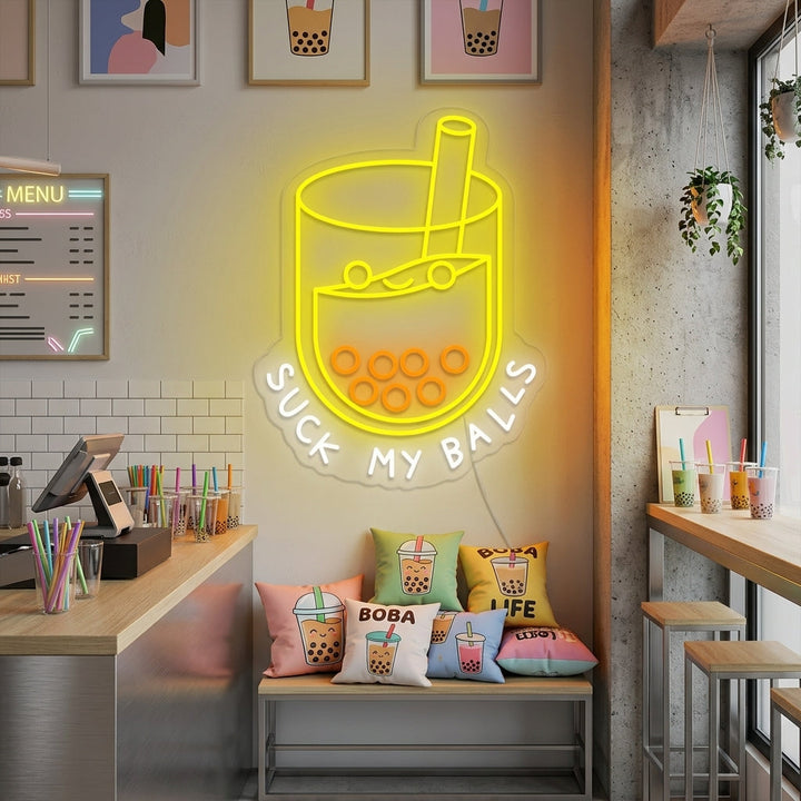 "Suck my balls, Boba-te, boba-älskare" Neonskylt