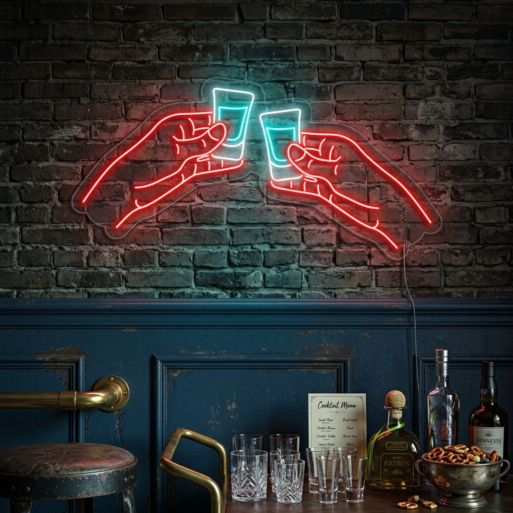 "Vodka- Eller Tequilashots I Två Händer Bar" Neonskylt