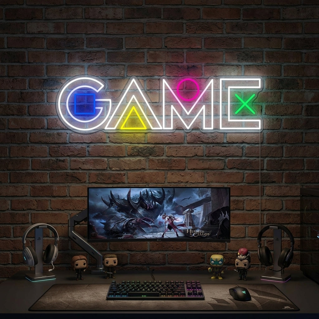 Game neonskylt glowing in a modern gaming room