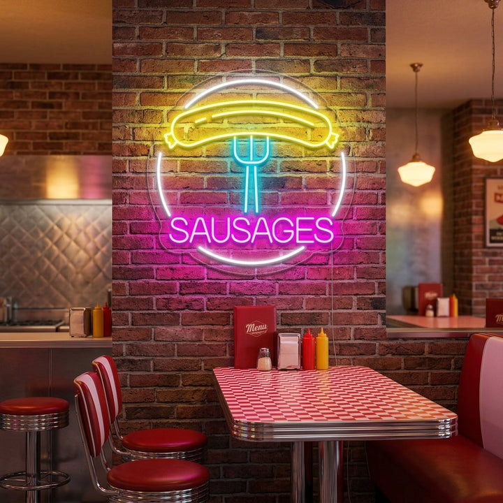 "Sausages, korv, gaffel" Neonskylt