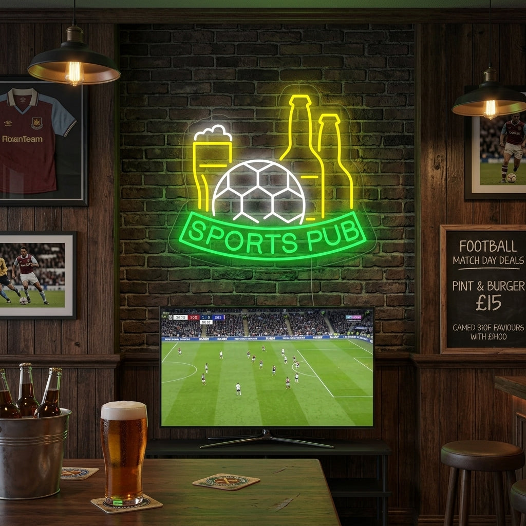 "Fotboll, öl, Sports Pub" Neonskylt
