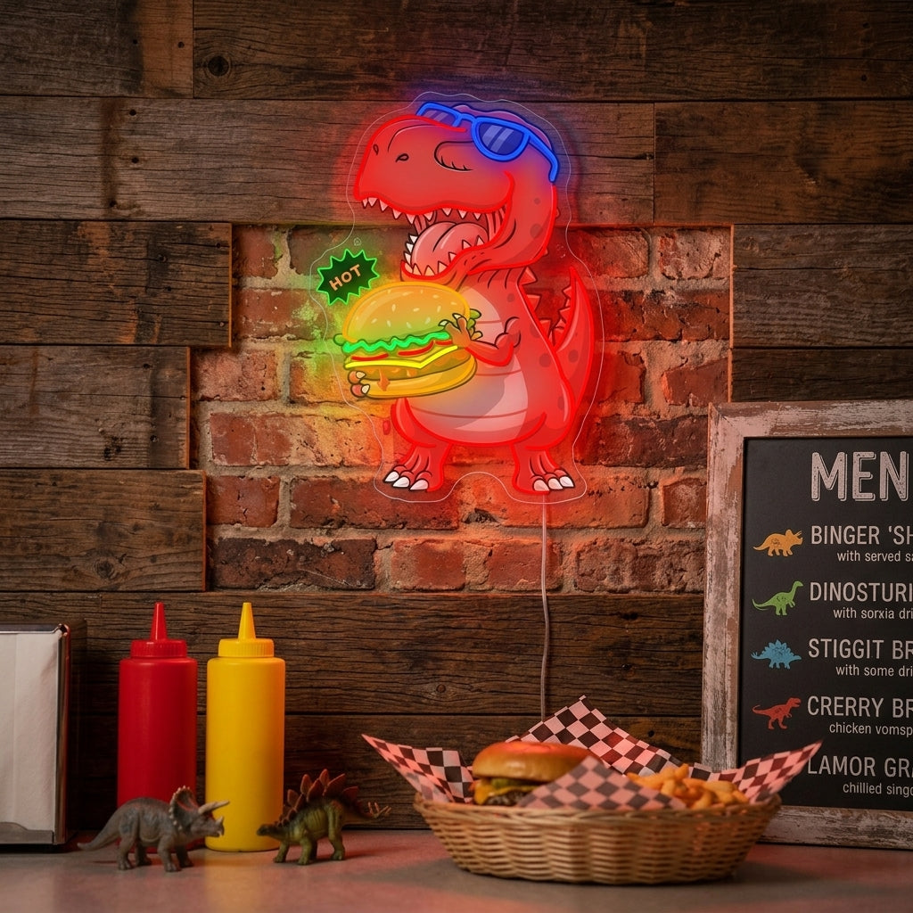 "Dinosaurie ätande hamburgare" Neonskylt
