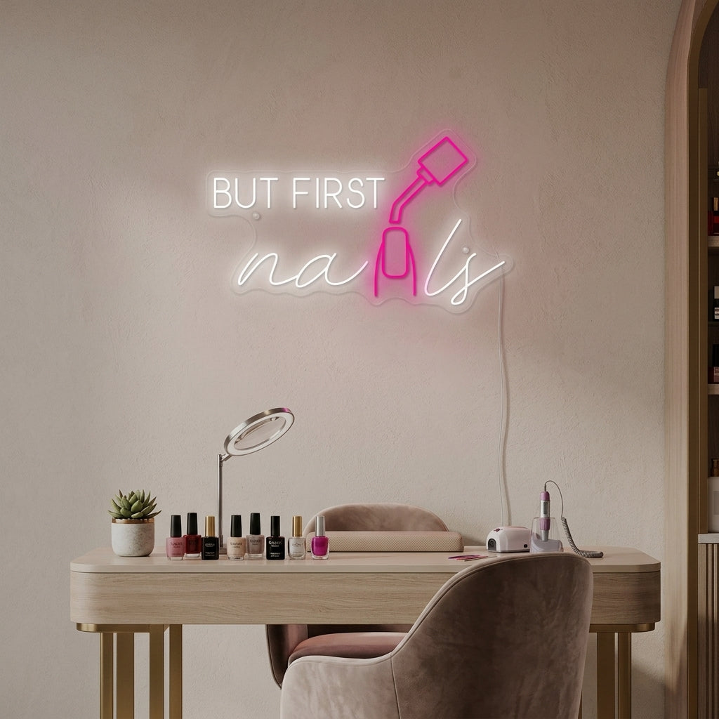 "But First Nails" Neonskylt