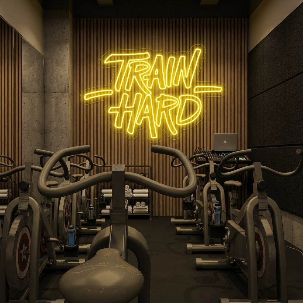 "Train Hard, Gymdekor, Gymcitat, Fitnesscitat, Träningscitat" Neonskylt