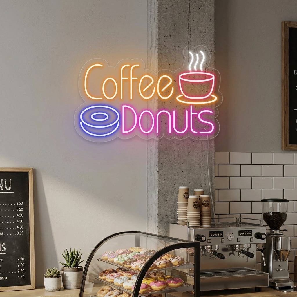 "Varmt kaffe, Coffee Donuts" Neonskylt