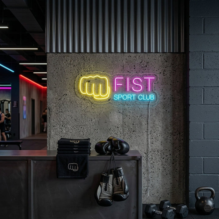 "Kampsällskap, Fist Sport Club" Neonskylt