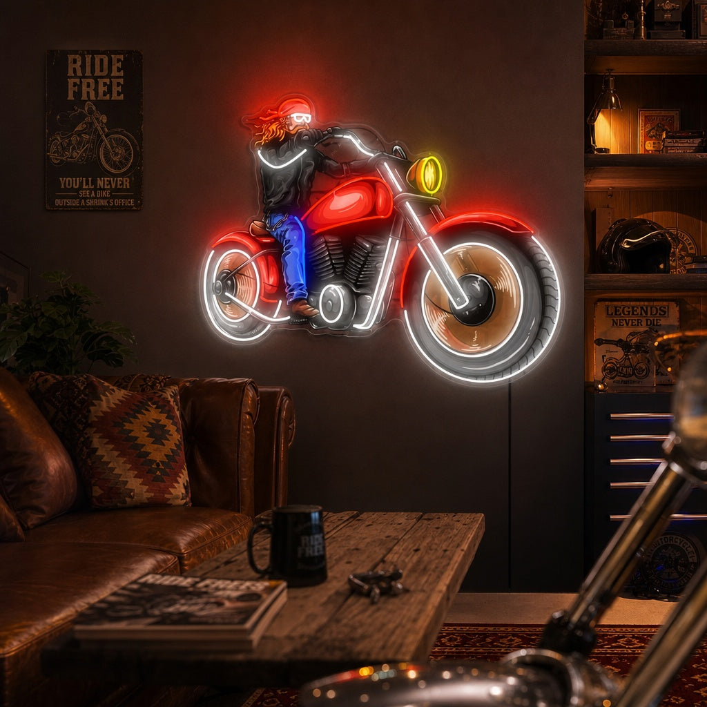 "Man Och Klassisk Retro Motorcykel" Neonskylt