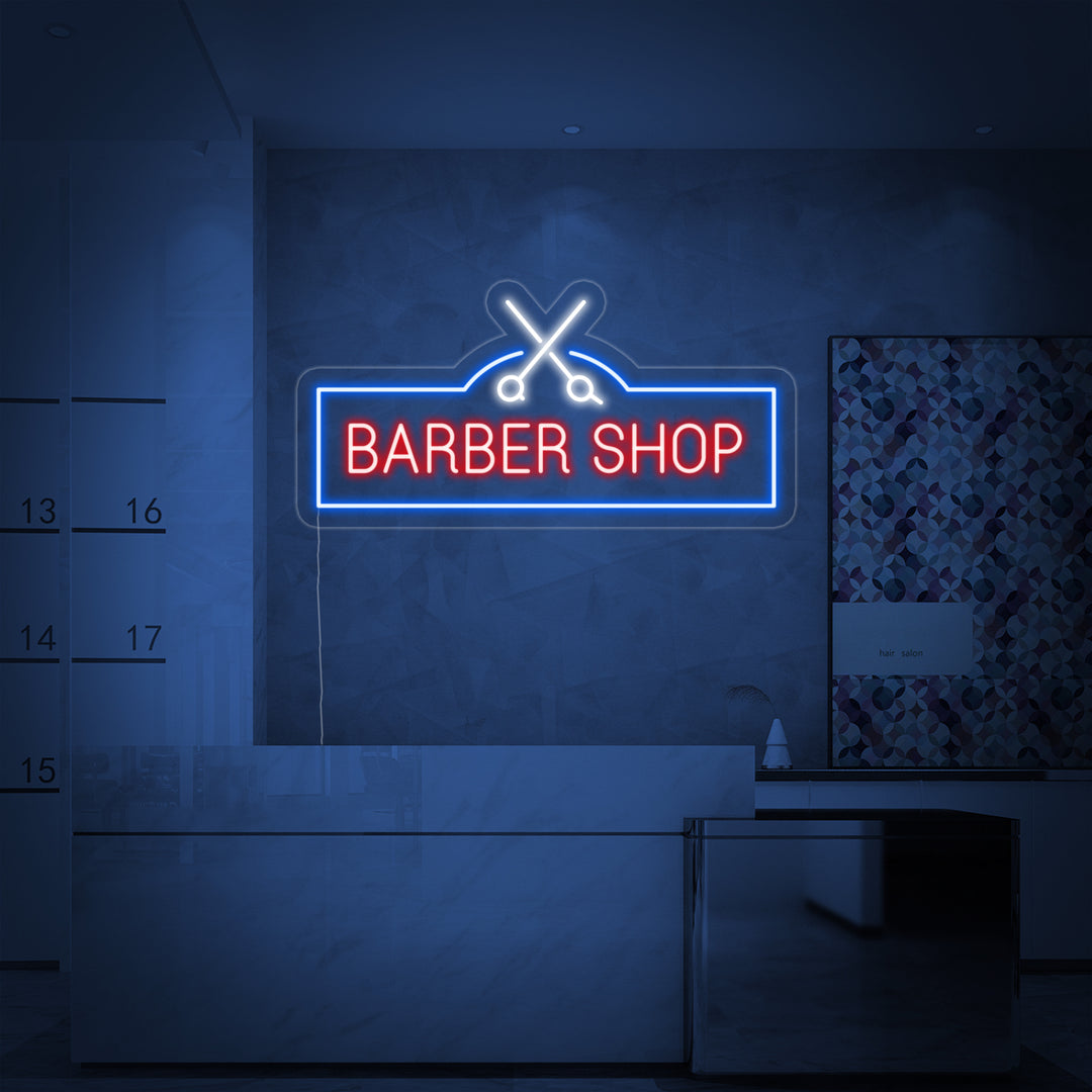 "Barber Shop, Frisör Saxar" Neonskylt