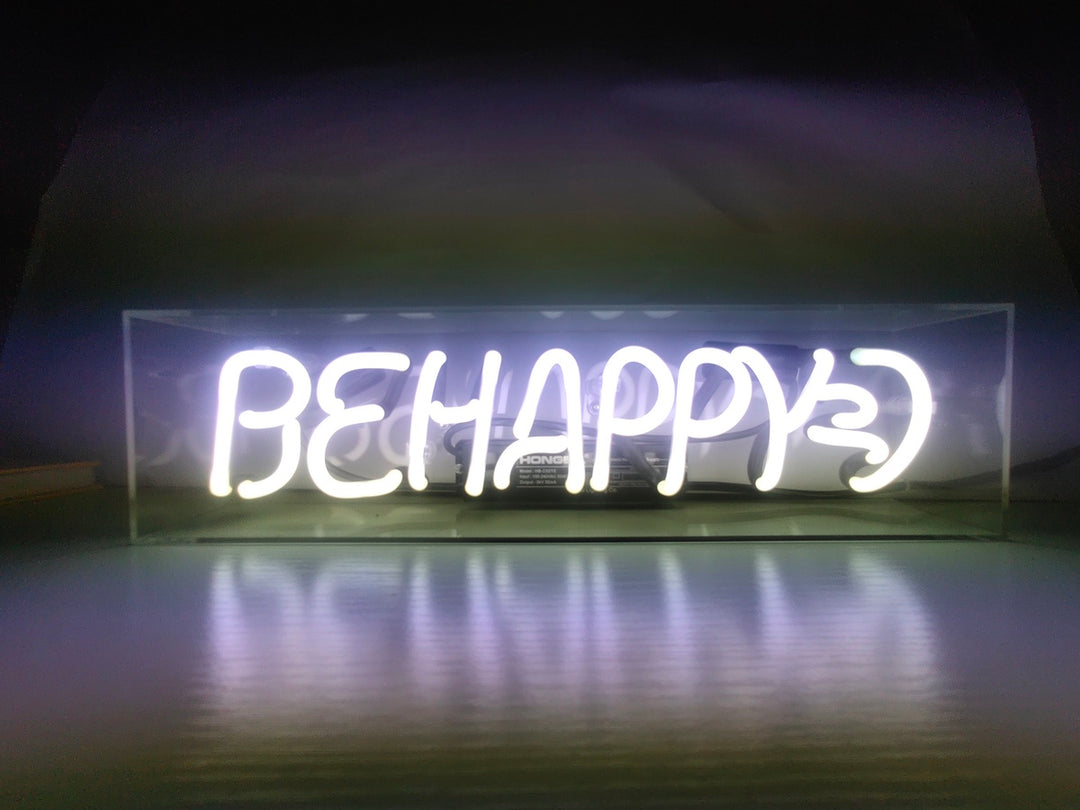 "Be Happy" Akrylbox Neonskylt, Glas Neonskylt, Bord Neonskylt