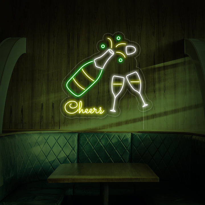"Champagneflaska, Champagneglas, Cheers" Neonskylt