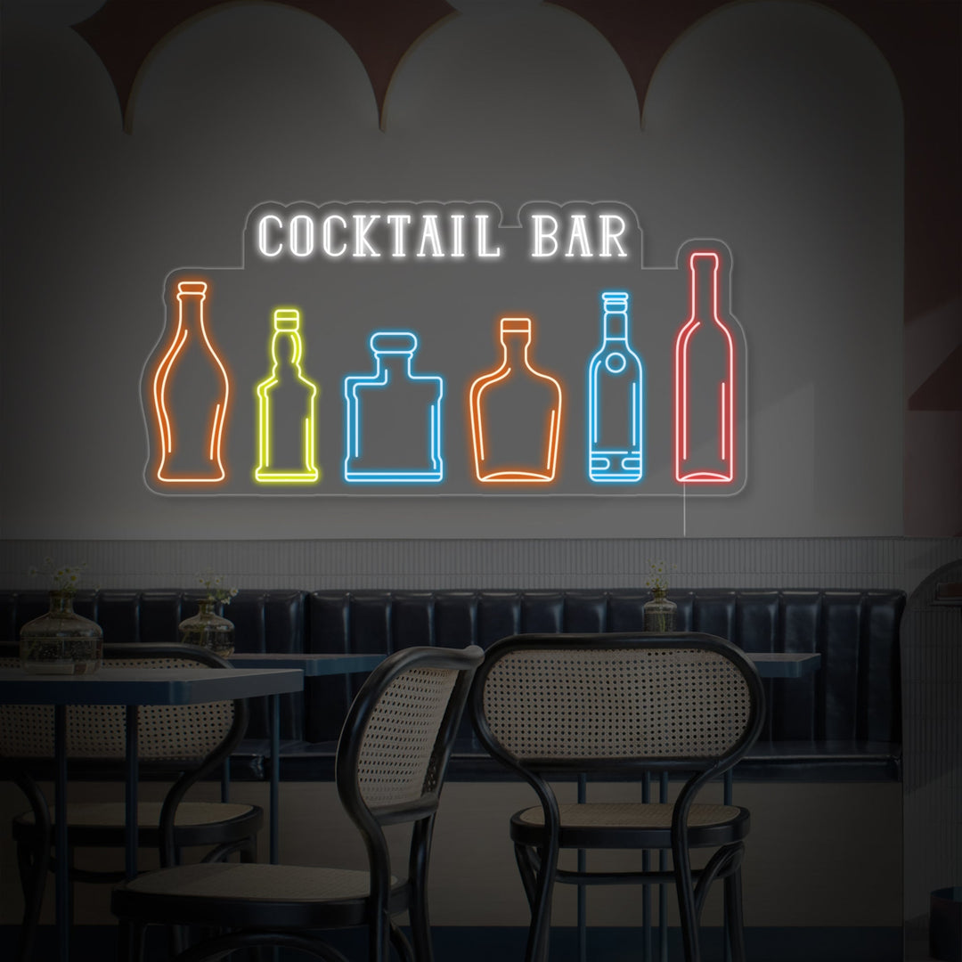"Cocktail Bar Flaskor Med Whiskey, Vin, Tequila, Champagne, Cognac, Rom, Bourbon" Neonskylt