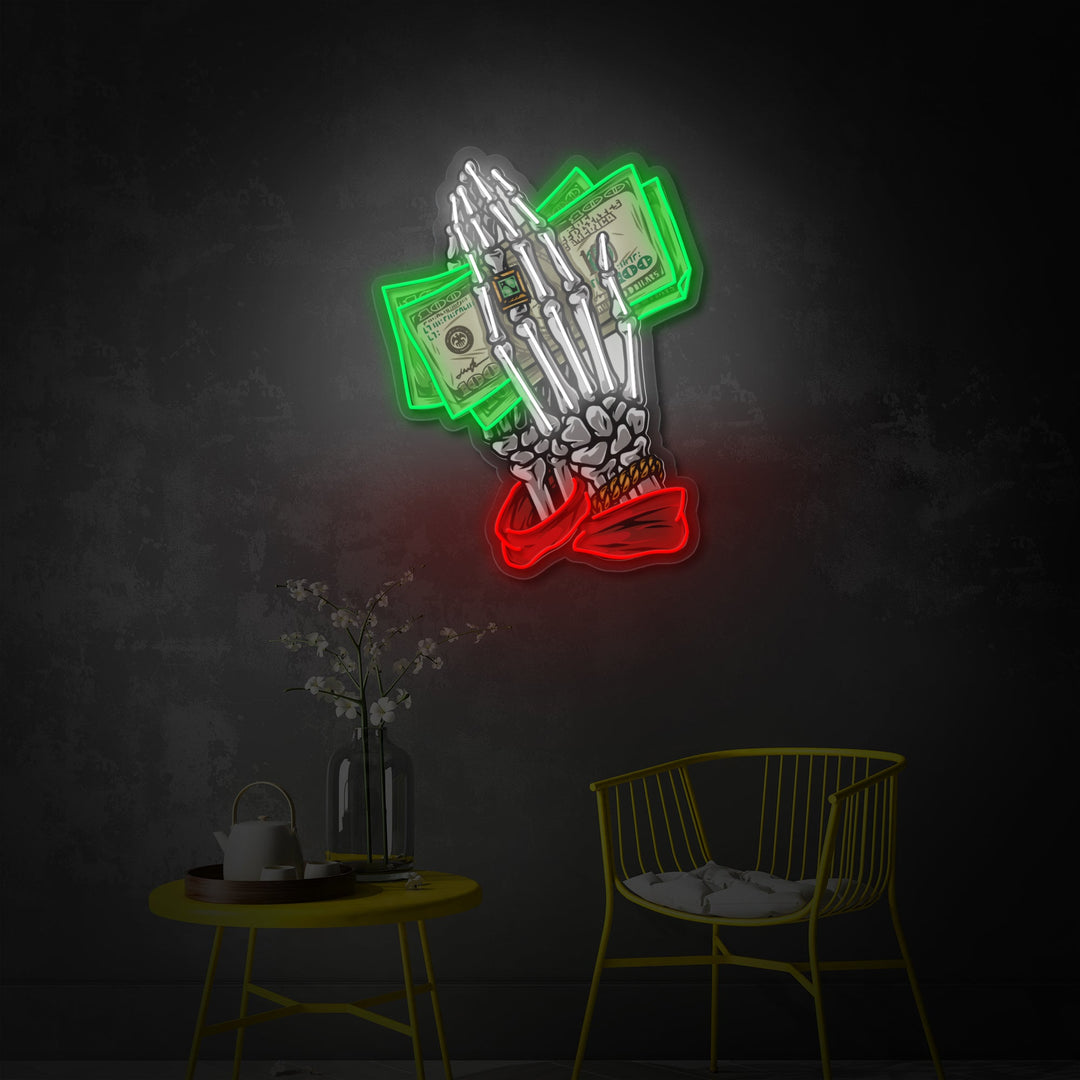 "Färgglada pengar med skeletthänder som håller dollarsedlar" UV-tryckt LED-neonskylt