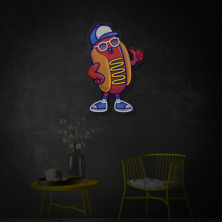 "Cool Hotdog som bär glasögon och hatt, mat, restaurang" UV-tryckt LED-neonskylt
