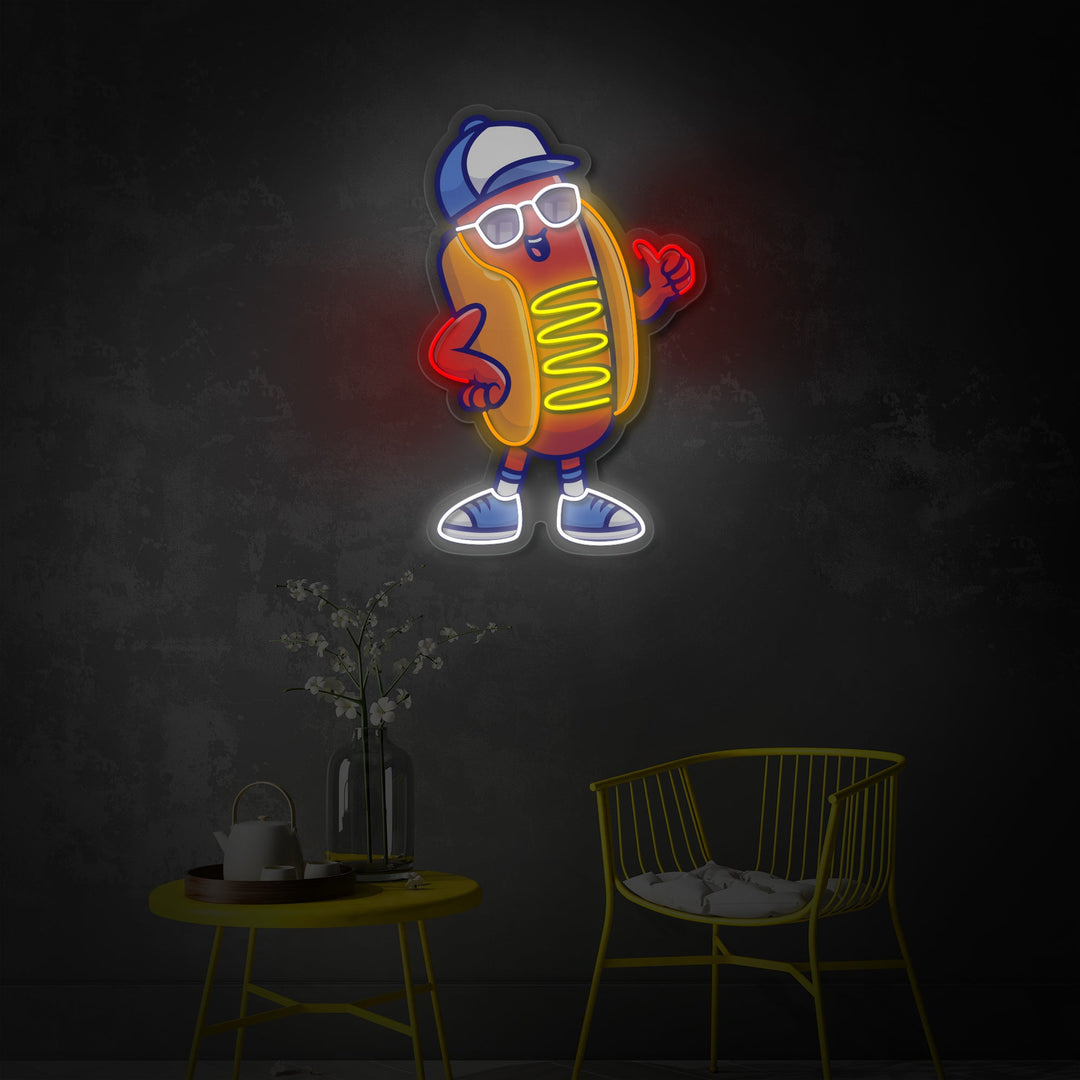 "Cool Hotdog som bär glasögon och hatt, mat, restaurang" UV-tryckt LED-neonskylt