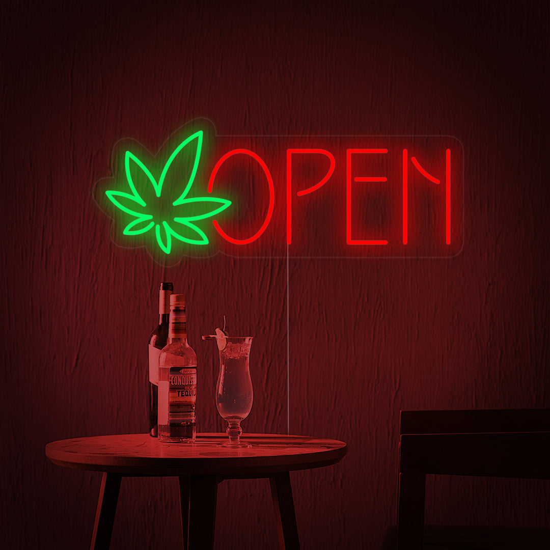 "open, dispensary, marihuanaleaf" Neonskylt