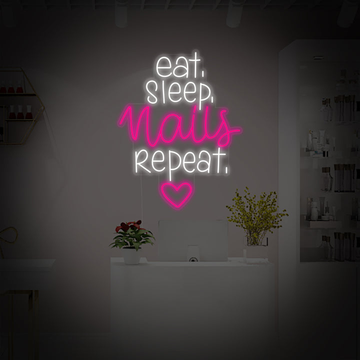 "Nagelstudio Eat Sleep Nails Repeat" Neonskylt