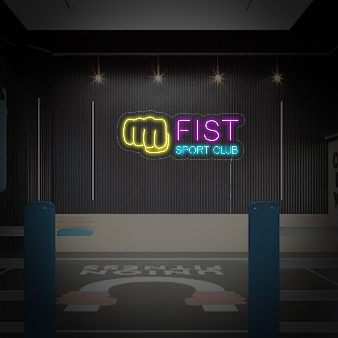 "Kampsällskap, Fist Sport Club" Neonskylt