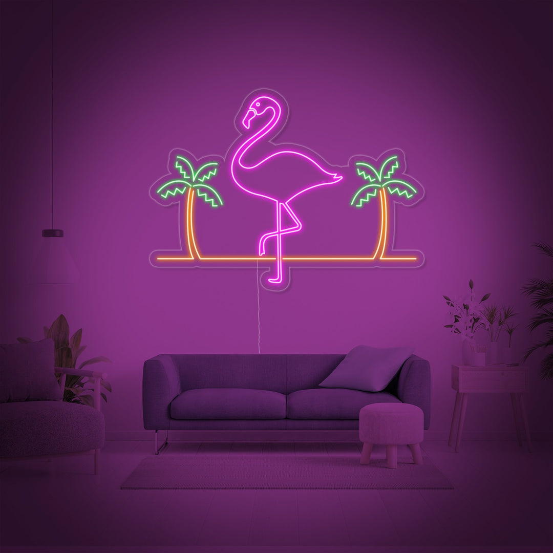 "Flamingo, Palmträd, Bar" Neonskylt