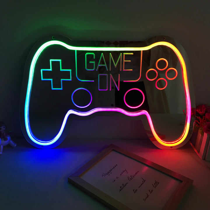 "Game On, Spelkontroll, Drömsk Färgförändring" Neonskylt med spegelbakgrund