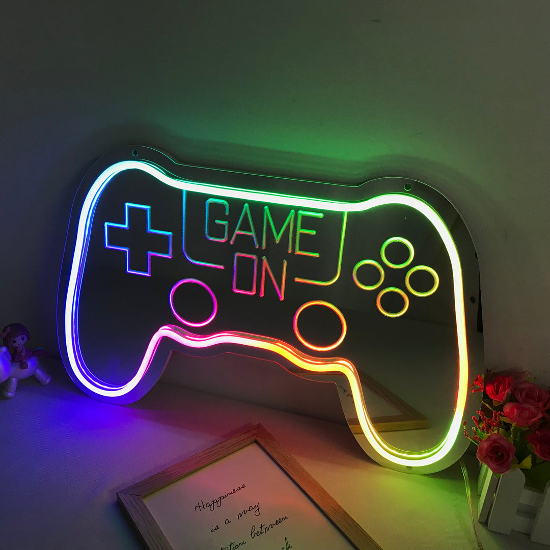 "Game On, Spelkontroll, Drömsk Färgförändring" Neonskylt med spegelbakgrund