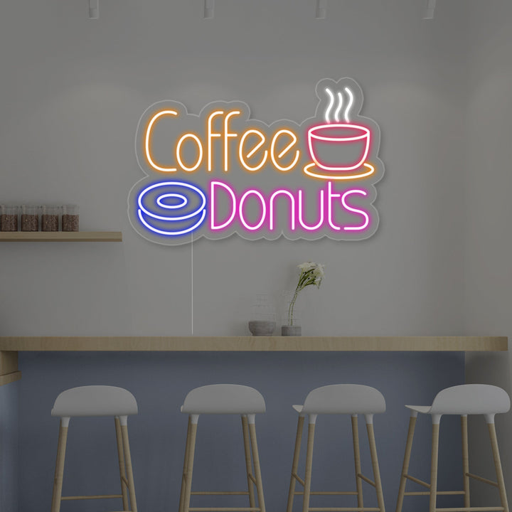 "Varmt kaffe, Coffee Donuts" Neonskylt