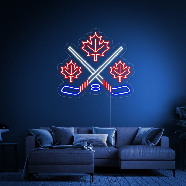 "Lönnlöv Med Korsade Hockeyklubbor" Neonskylt