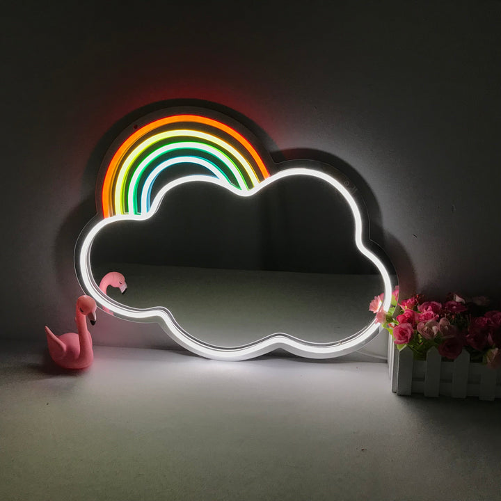 "Regnbågsmoln, Drömsk Färgförändring" Neonskylt med spegelbakgrund