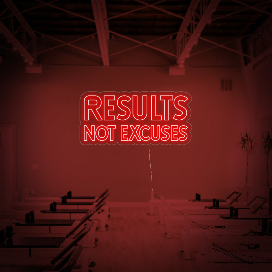 "Results Not Excuses, Gymdekor, Gymcitat, Fitnesscitat, Träningscitat" Neonskylt