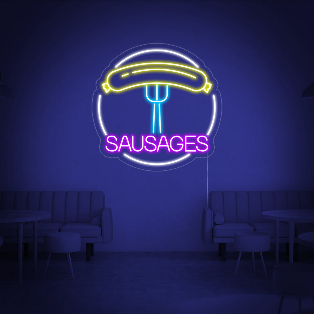 "Sausages, korv, gaffel" Neonskylt