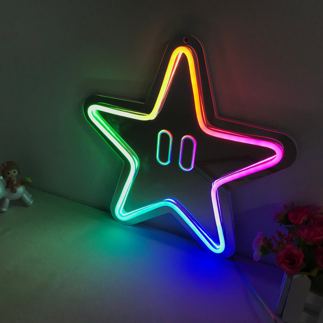 "Femuddig Stjärna, Spel, Drömsk Färgförändring" Neonskylt med spegelbakgrund