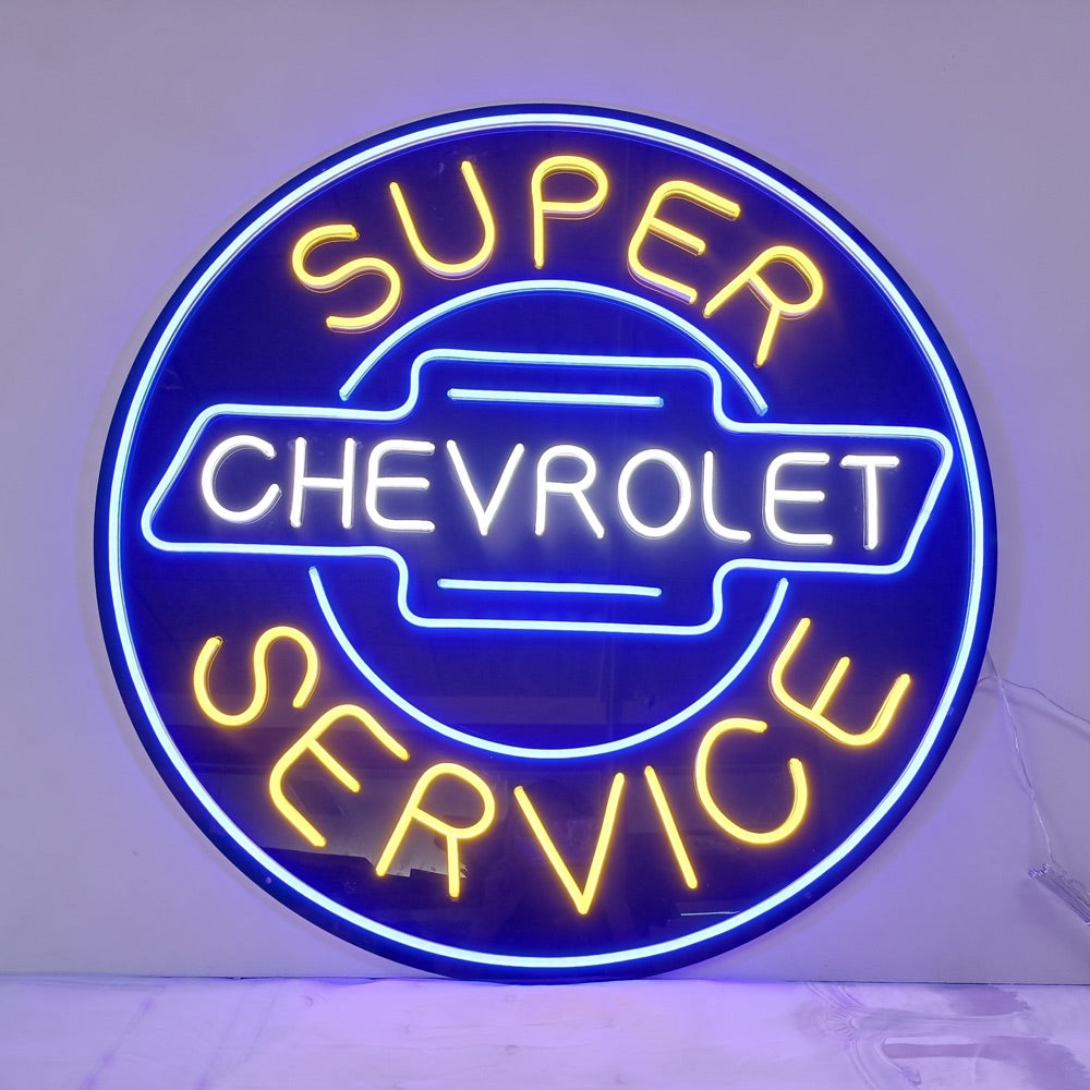 Finished Chevrolet logo neonskylt glowing in blue and yellow