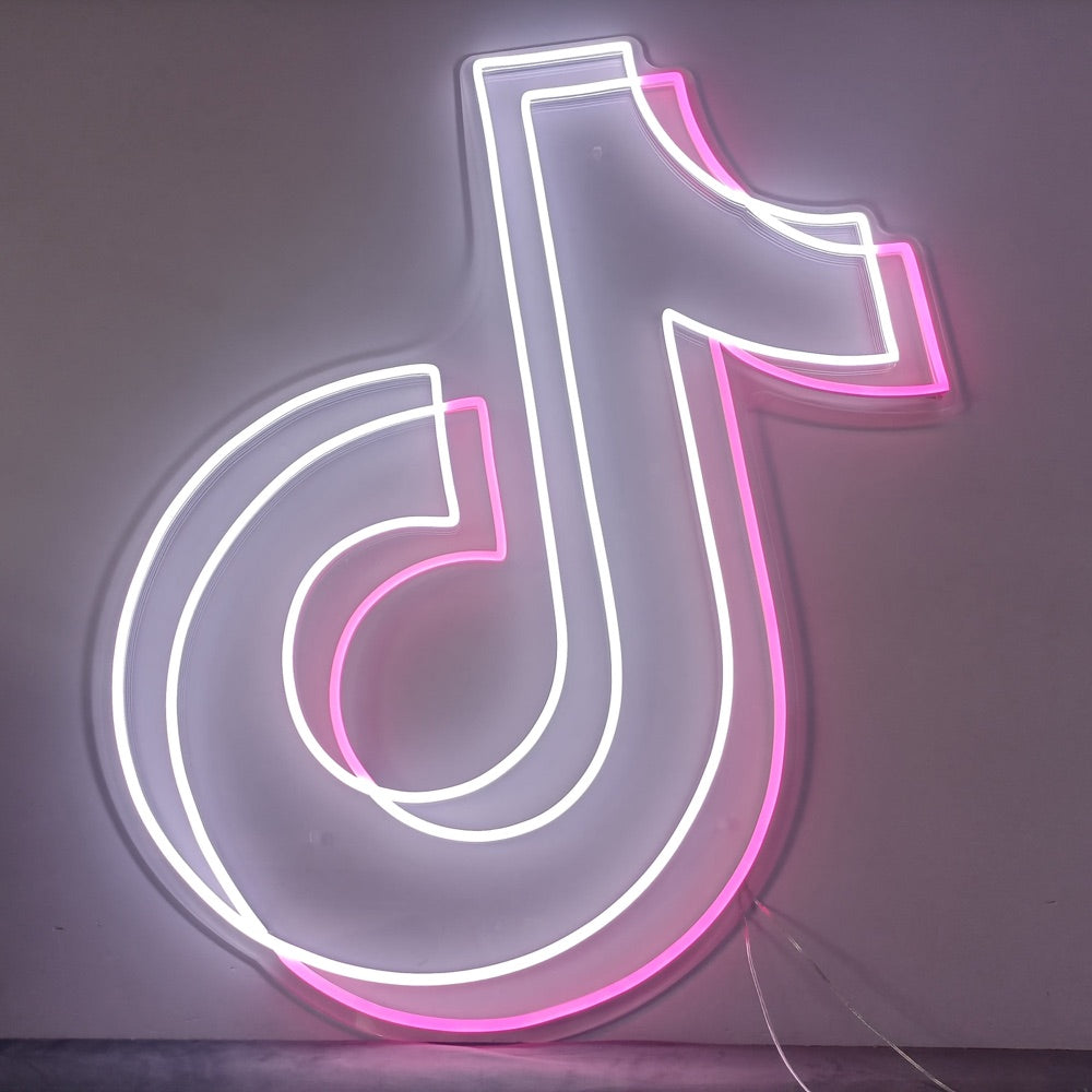 Finished TikTok logo neonskylt glowing in white and pink
