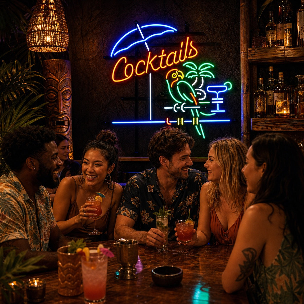 En bar- och restaurangmiljö med en anpassad neonskylt